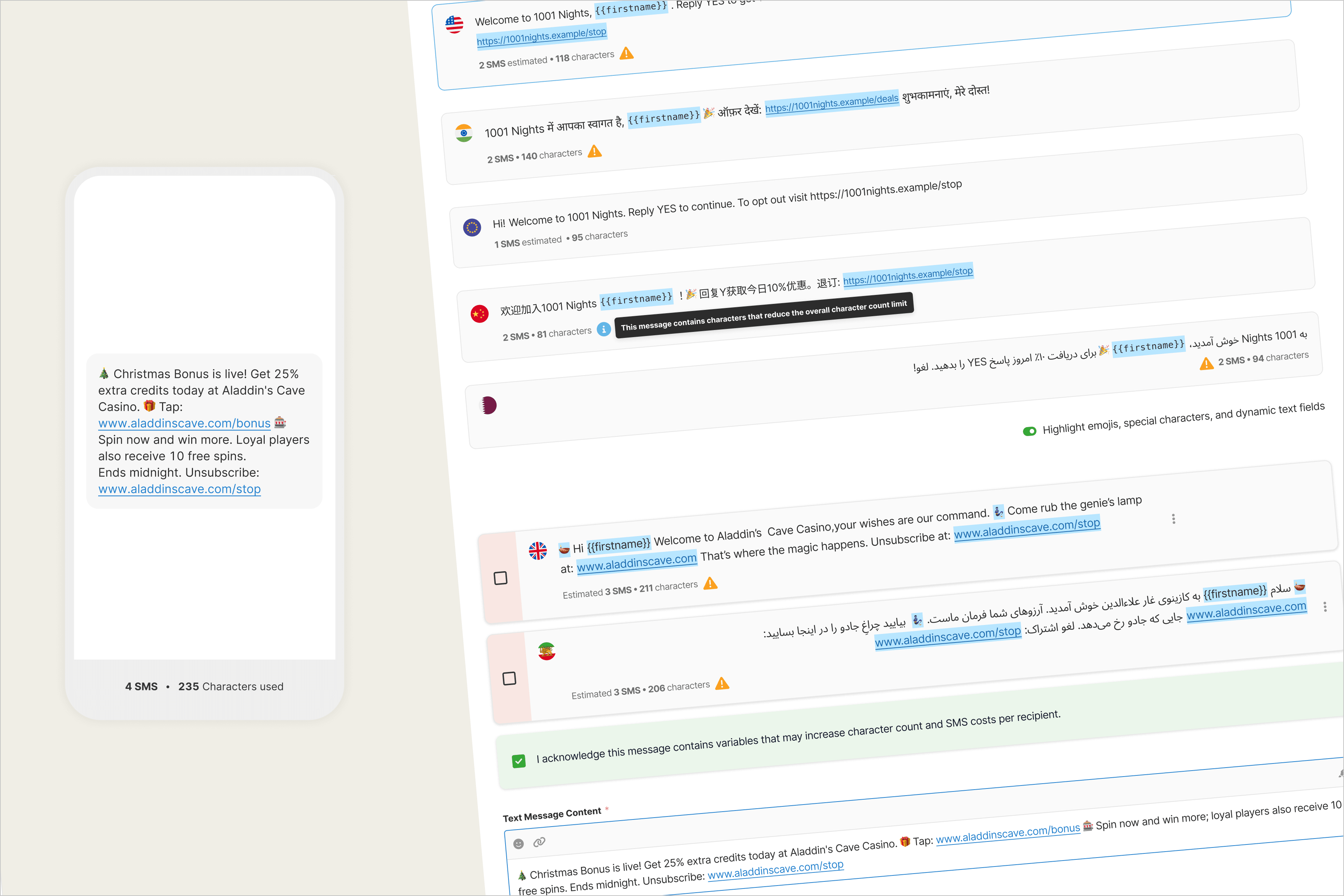 SMS composer interface showing character count, encoding warnings, and mobile preview