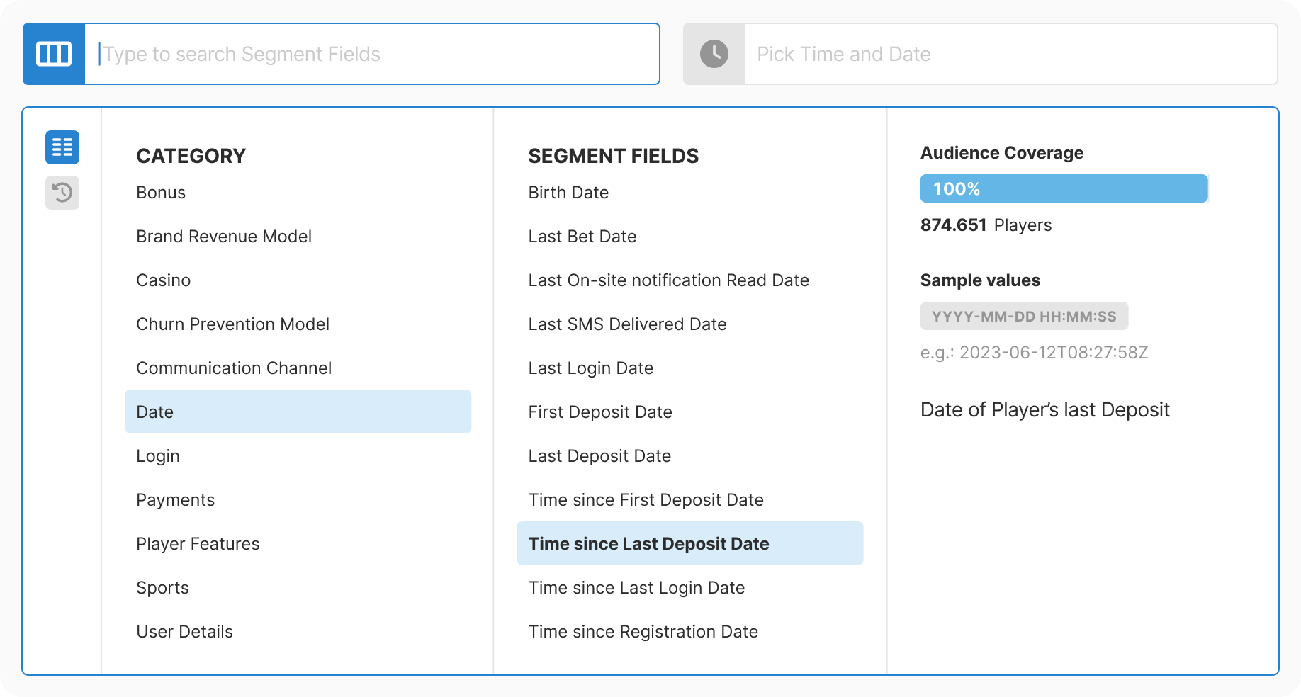 Date category selected showing date-specific fields