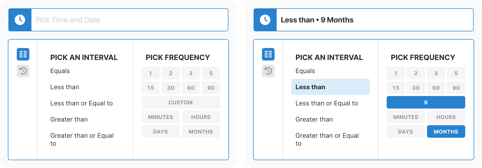 Date picker with interval and frequency selectors