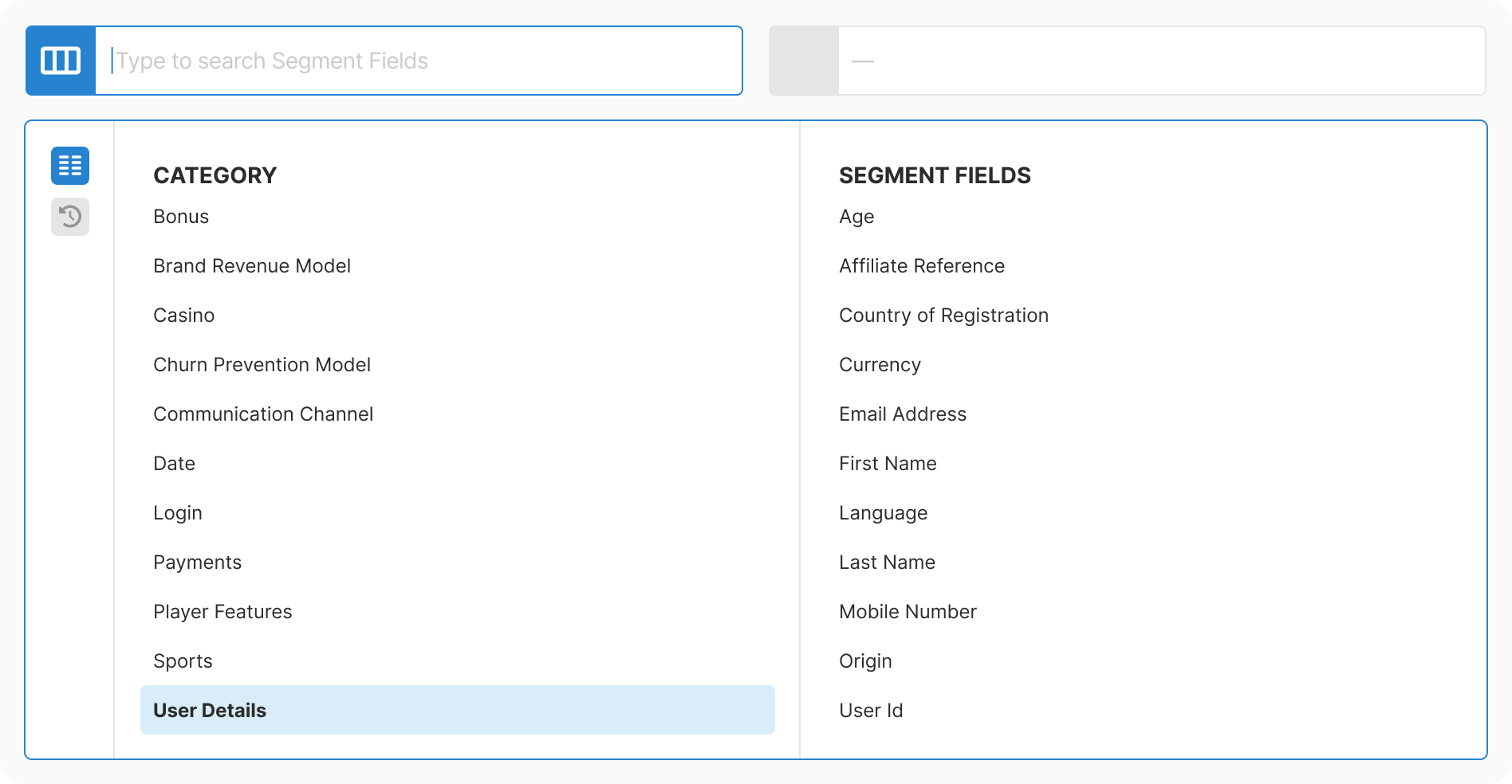Category selected with alphabetized field list