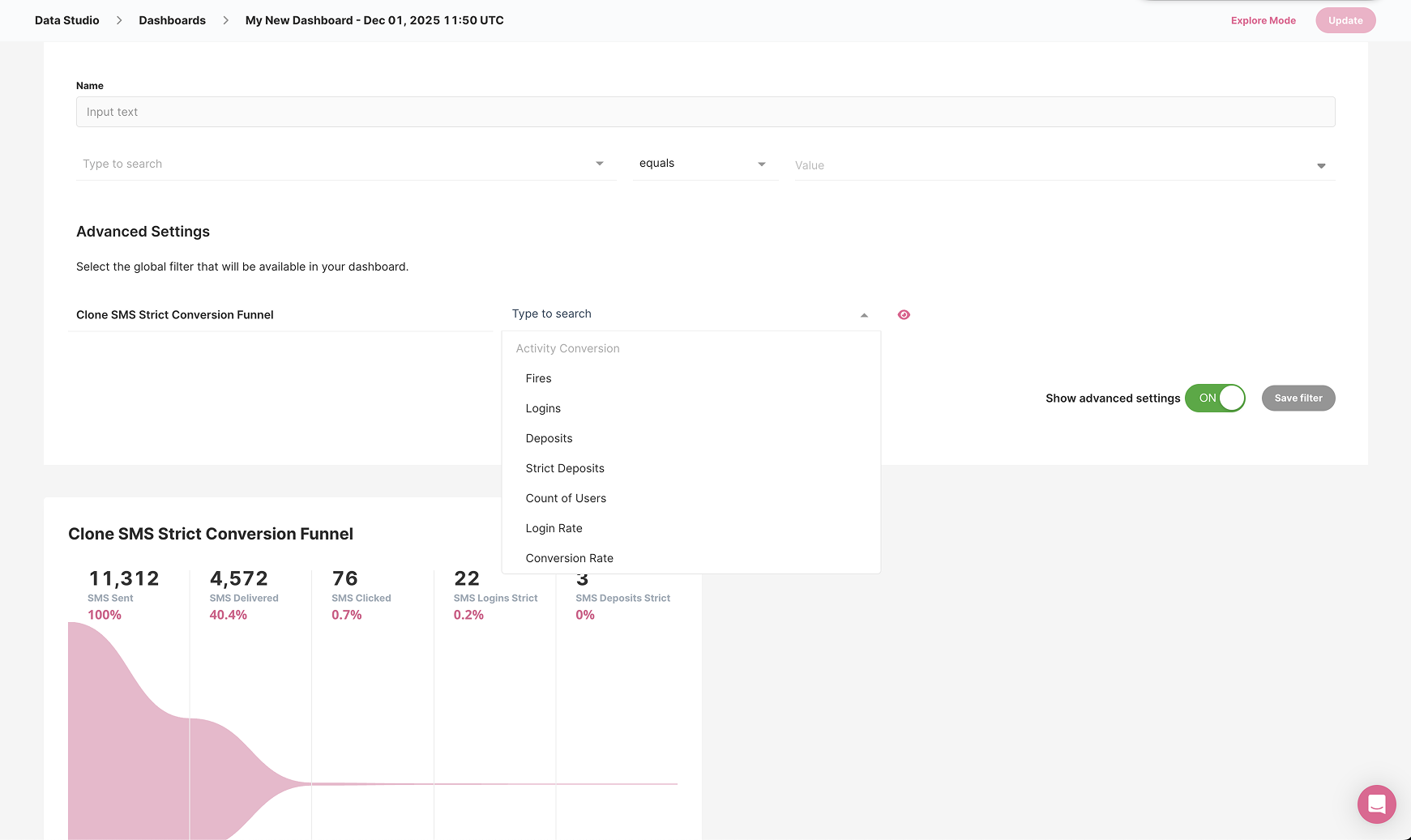 Data Studio dashboard builder showing advanced settings, conversion funnels, and multiple filter dropdowns with metrics like SMS Sent, SMS Delivered, SMS Clicked