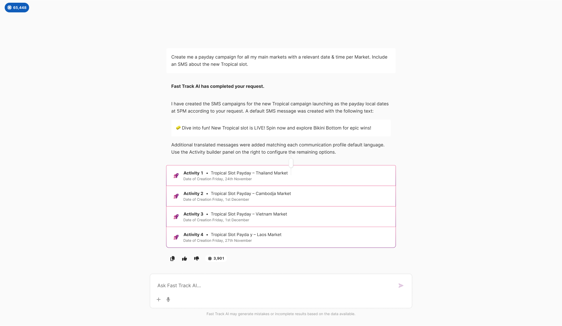 AI response showing created SMS campaigns for Thailand, Cambodia, Vietnam, and Laos markets with generated content and token count
