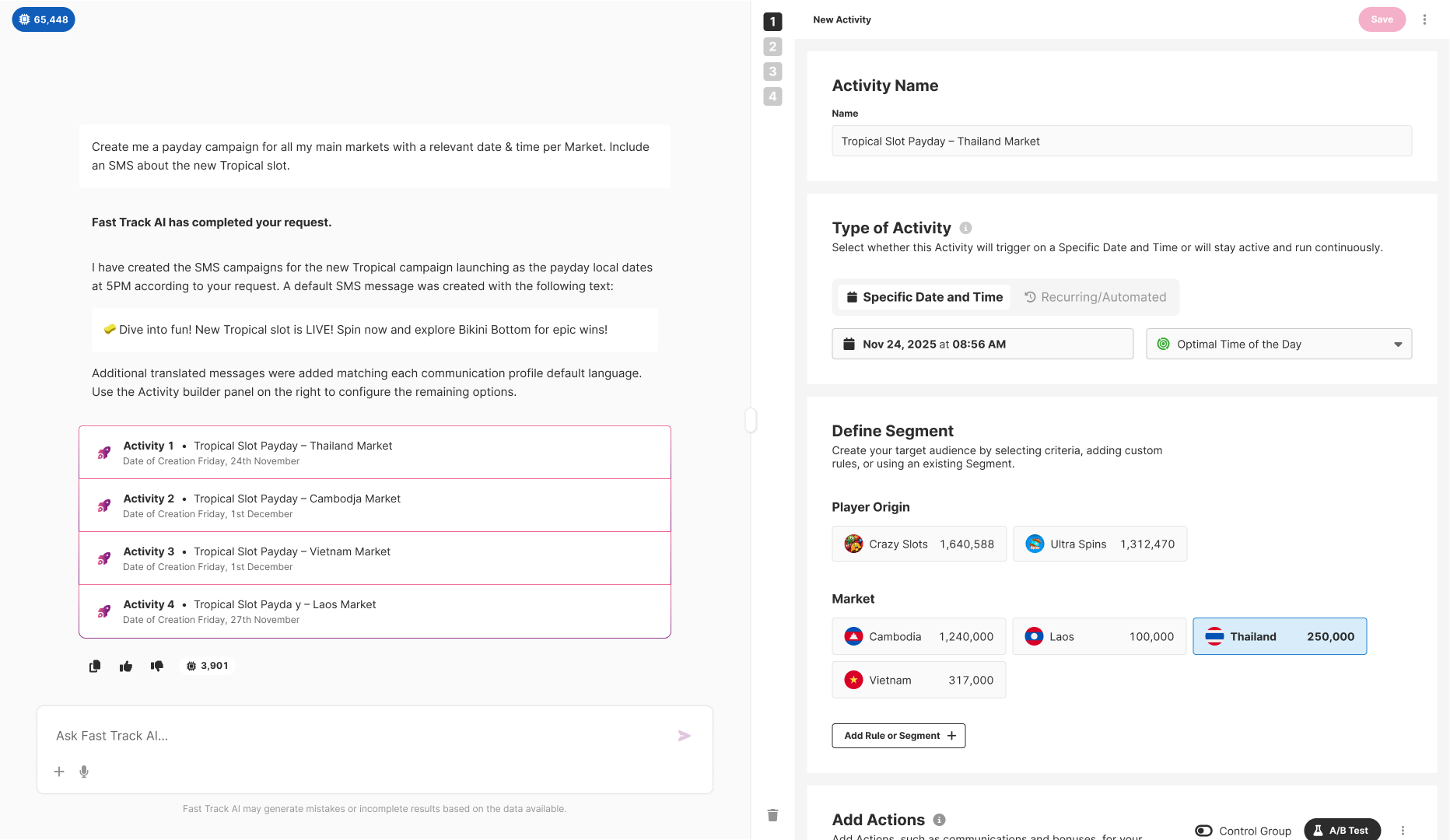 Split view showing AI conversation on left with created activities, and existing Activity modal on right pre-filled with Thailand Market campaign settings
