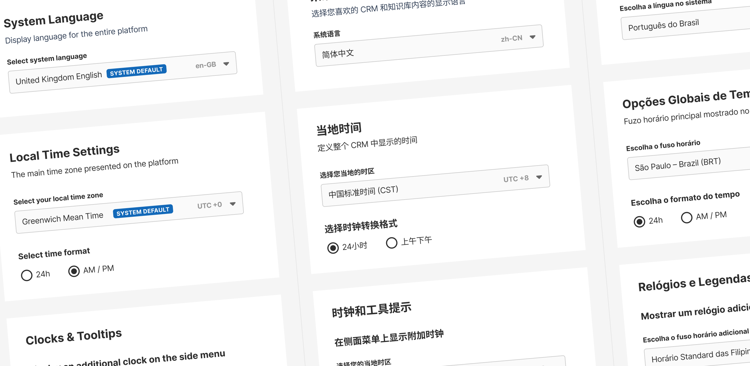 Localization settings interface showing language and timezone configuration options