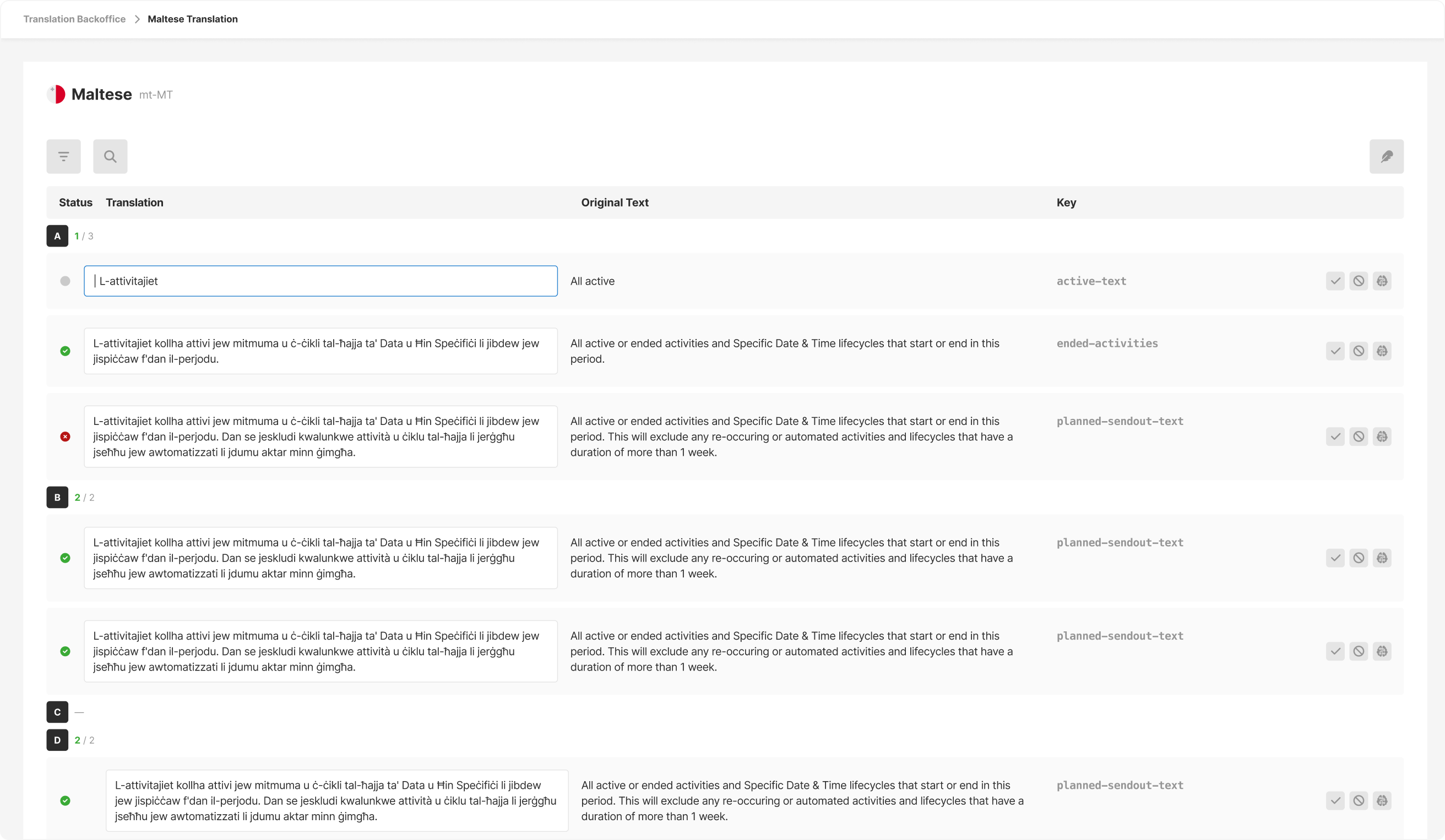Backoffice interface showing translation and localization features