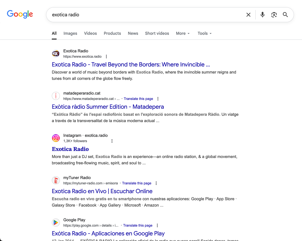 Google search results showing exotica.radio ranking first