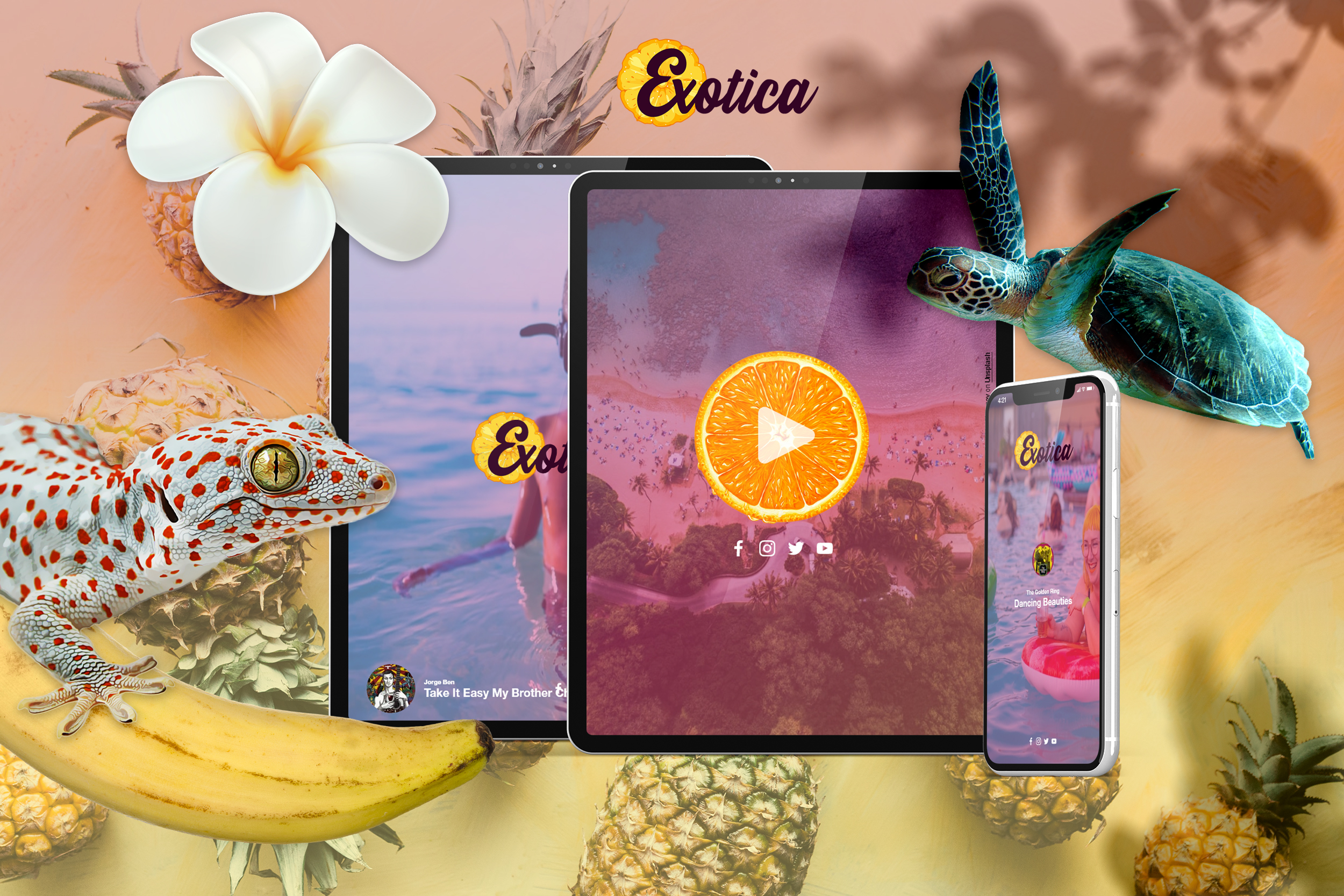 Exotica Radio interface showing play button with rotating travel photography background