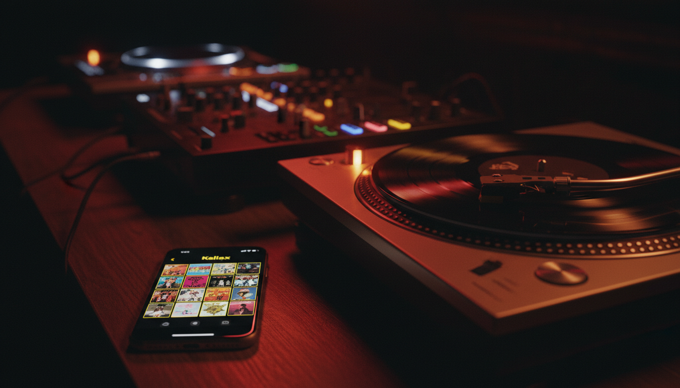 Kallax app displayed on phone next to turntables in a dark DJ booth environment