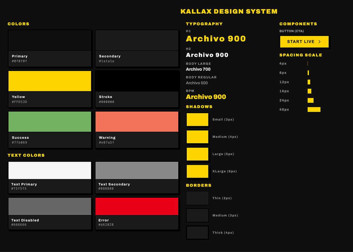 Kallax design system showing color palette, typography, and border examples