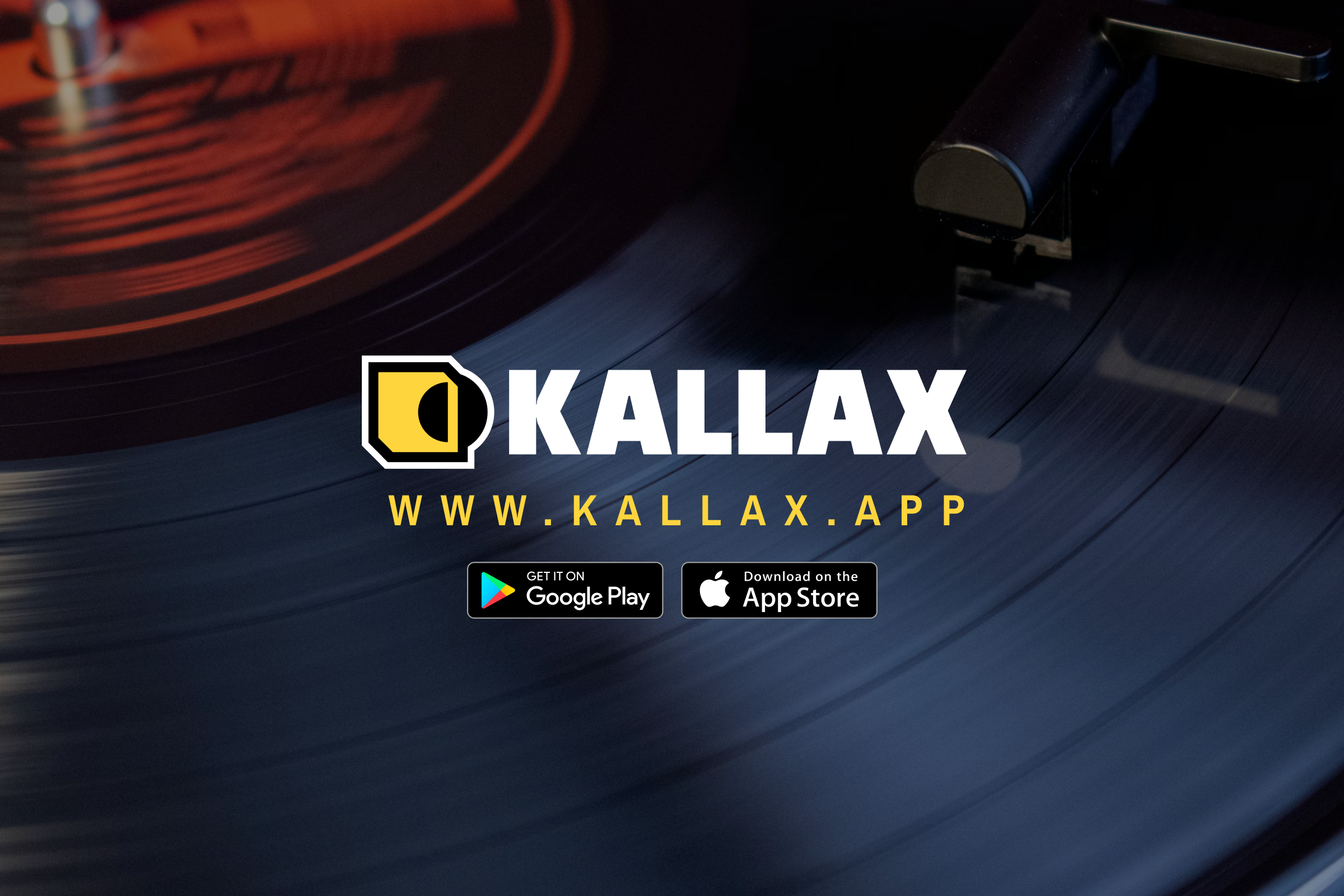 Kallax app interface showing collection grid with bold yellow accents against a dark background