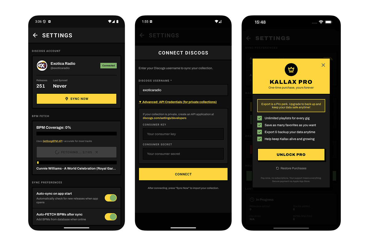 Settings screen showing Discogs connection, BPM fetch progress, and sync preferences