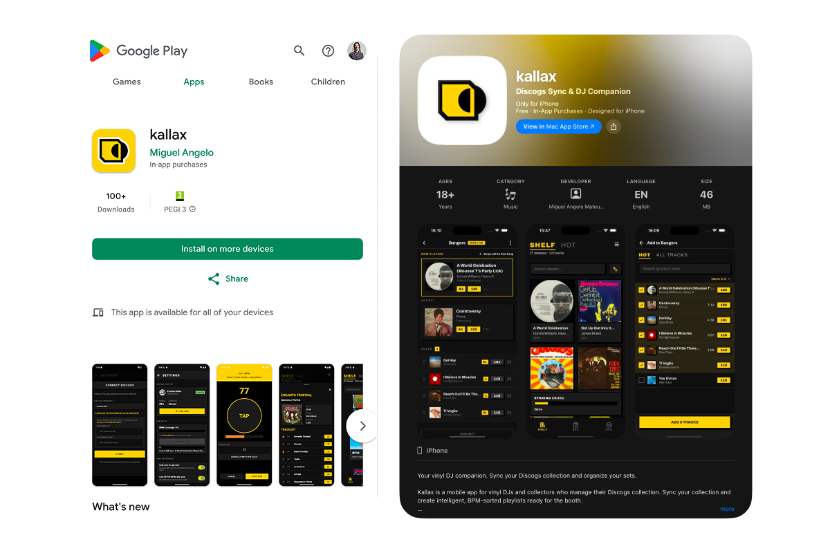 Google Play Store listing showing Kallax app page with screenshots