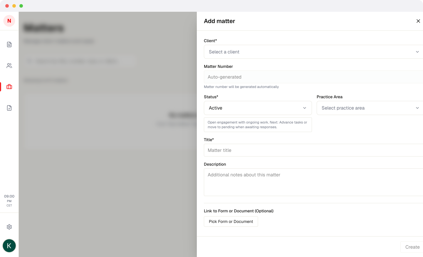 Matter creation modal for organizing cases and clients