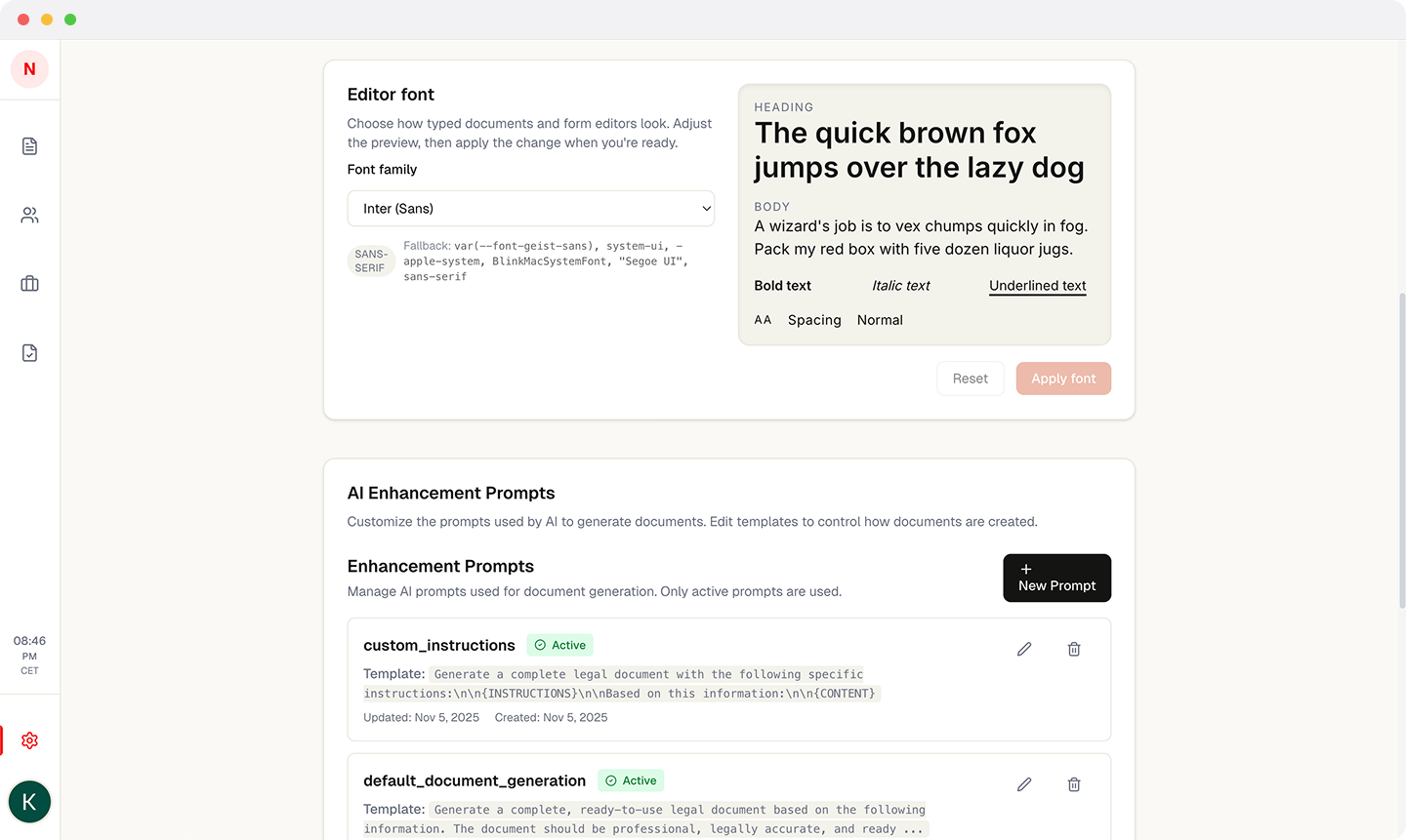 Settings panel showing font customization and AI prompt configuration
