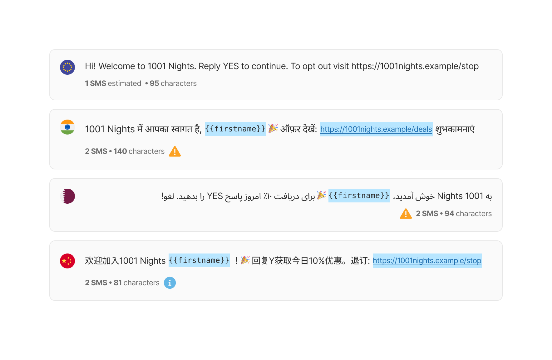Multi-language SMS composer showing English, Hindi, Chinese, and Farsi messages with proper text rendering and character counts