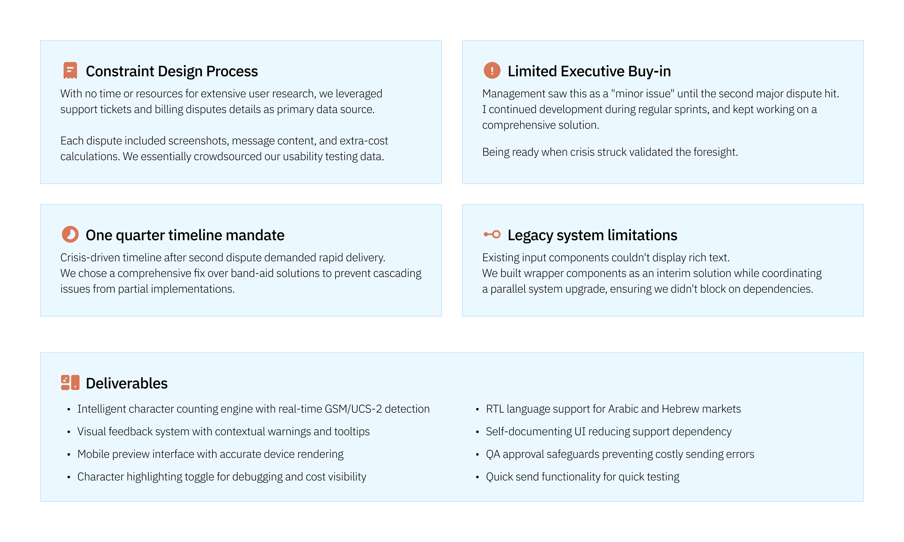 Four strategy cards showing Constraint Design Process, Limited Executive Buy-in, One Quarter Timeline Mandate, and Legacy System Limitations, plus deliverables list